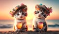 Two cute kittens with floral hats and glases of drinks at beach, generative AI