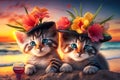 Two cute kittens with floral hats and glass of drink at beach, generative AI