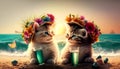 Two cute kittens with floral hats and glass of drink at beach, generative AI