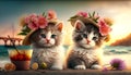 Two cute kittens with floral hats and glass of drink at beach, generative AI