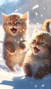 Two cute kittens playing in the snow. Cute funny kittens playing outdoors in winter. Generative AI Royalty Free Stock Photo