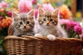 Two cute kittens are sitting in a wicker basket against the background of flowers.Generative AI Royalty Free Stock Photo