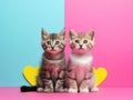 Two cute kittens sitting beside a yellow heart on a colorful pink and blue background Royalty Free Stock Photo