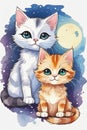 two cute kittens watercolor painting beautifully detailed with moon at the back