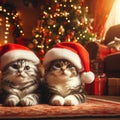 two cute kittens wearing santa hats Royalty Free Stock Photo