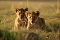 Two cute lion cubs playing in the flat grass of the savannah created with generative AI technology