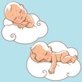 Two cute little babies sleeping on white cloud.