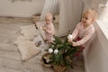 Two cute little baby girls play in a spacious bright minimalistic children`s room.