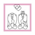 Two cute little bears, hearts . One line drawn vector illustration