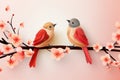 two cute little birds sit on a branch in spring paper art AI generated Royalty Free Stock Photo