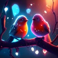 Two cute little birds sitting on a branch in the night forest. AI Generated Royalty Free Stock Photo