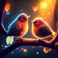 Two cute little birds sitting on a branch in the night forest. Generative AI Royalty Free Stock Photo