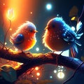 Two cute little birds sitting on the branch in the night forest. Generative AI Royalty Free Stock Photo