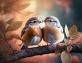 Two cute little birds sitting on the branch. Valentine Day card Royalty Free Stock Photo