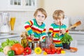 Two cute little brothers cooking italian soup and meal with fresh vegetables Royalty Free Stock Photo