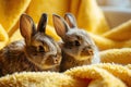 Two cute little bunnies in a bathtub, with a cozy yellow backdrop, easter concept. Royalty Free Stock Photo
