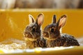 Two cute little bunnies in a bathtub, with a cozy yellow backdrop, easter concept. Royalty Free Stock Photo