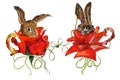 Two cute little bunnies in a cup of tea from a red rose. Two rabbits in love