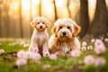 Two cute little dogs playing in the park with pink flowers and grass. Royalty Free Stock Photo