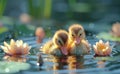 Two cute little ducks in pond with beautiful blooming lilies. Harmony of nature Royalty Free Stock Photo