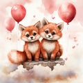 Two cute little foxes with expressive eyes in clouds with balloons,watercolor pencil drawing style