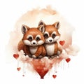 Two cute little foxes with expressive eyes surrounded by hearts, watercolor pencil drawing style