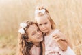 Two cute little girls in dresses hugging in nature in the summer Royalty Free Stock Photo