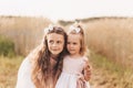 Two cute little girls in dresses hugging in nature in the summer Royalty Free Stock Photo