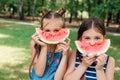 Two cute little girls eating watermelon in park in summertime