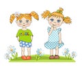 Two cute little girls with funny pigtails standing on a chamomile field. Vector cartoon illustration Royalty Free Stock Photo
