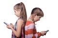 Two cute little girls posing with mobile phones Royalty Free Stock Photo