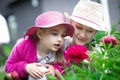 Two cute little girls, sisters or siblings playing with violet flowers in the garden on a summer day Royalty Free Stock Photo