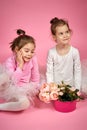 Two cute little girls in tulle skirts with a bouquet of flowers on a pink background Royalty Free Stock Photo
