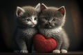 Two cute little kittens with heart. Valentine& x27;s gift card concept. Generative AI Royalty Free Stock Photo