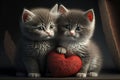 Two cute little kittens with heart. Valentine& x27;s gift card concept. Generative AI Royalty Free Stock Photo