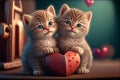 Two cute little kittens with heart. Valentine\'s gift card concept