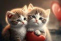 Two cute little kittens with heart. Valentine\'s gift card concept Royalty Free Stock Photo