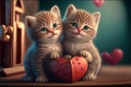 Two cute little kittens with heart. Valentine\'s gift card concept Royalty Free Stock Photo