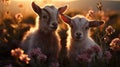 Two cute little lambs in the grass at sunset. Cute animals Royalty Free Stock Photo