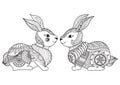 Two cute little rabbit line art design for coloring book, cards, t shirt design and so on Royalty Free Stock Photo