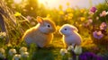 Two cute little rabbits sitting on the grass in the garden with flowers Royalty Free Stock Photo