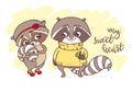 Two cute little raccoons, boy and girl. Inscription: my sweet he