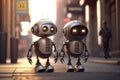 Two cute little robots walking on the street, illustration generated by AI