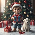 Figurines: A young boy carrying a Christmas present, together with his puppy Labrador dog. Royalty Free Stock Photo