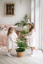 Two cute little sisters decorate a natural Christmas tree in a pot. Children are preparing for the new year. Girls in hats with
