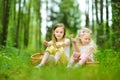 Two cute little sisters having fun during forest hike on beautiful summer day. Active family leisure with kids. Royalty Free Stock Photo