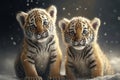 Two cute little tiger cubs standing in snow and looking at camera. Generative AI