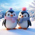 two cute love pinguins in freez winter cartoon 3d illustration. Generative ai Royalty Free Stock Photo