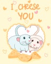 two cute lovely rats with cheese in heart frame valentines greeting card, i choose you slogan, editable vector Royalty Free Stock Photo
