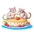 Two cute mice eating a birthday cake on a white background